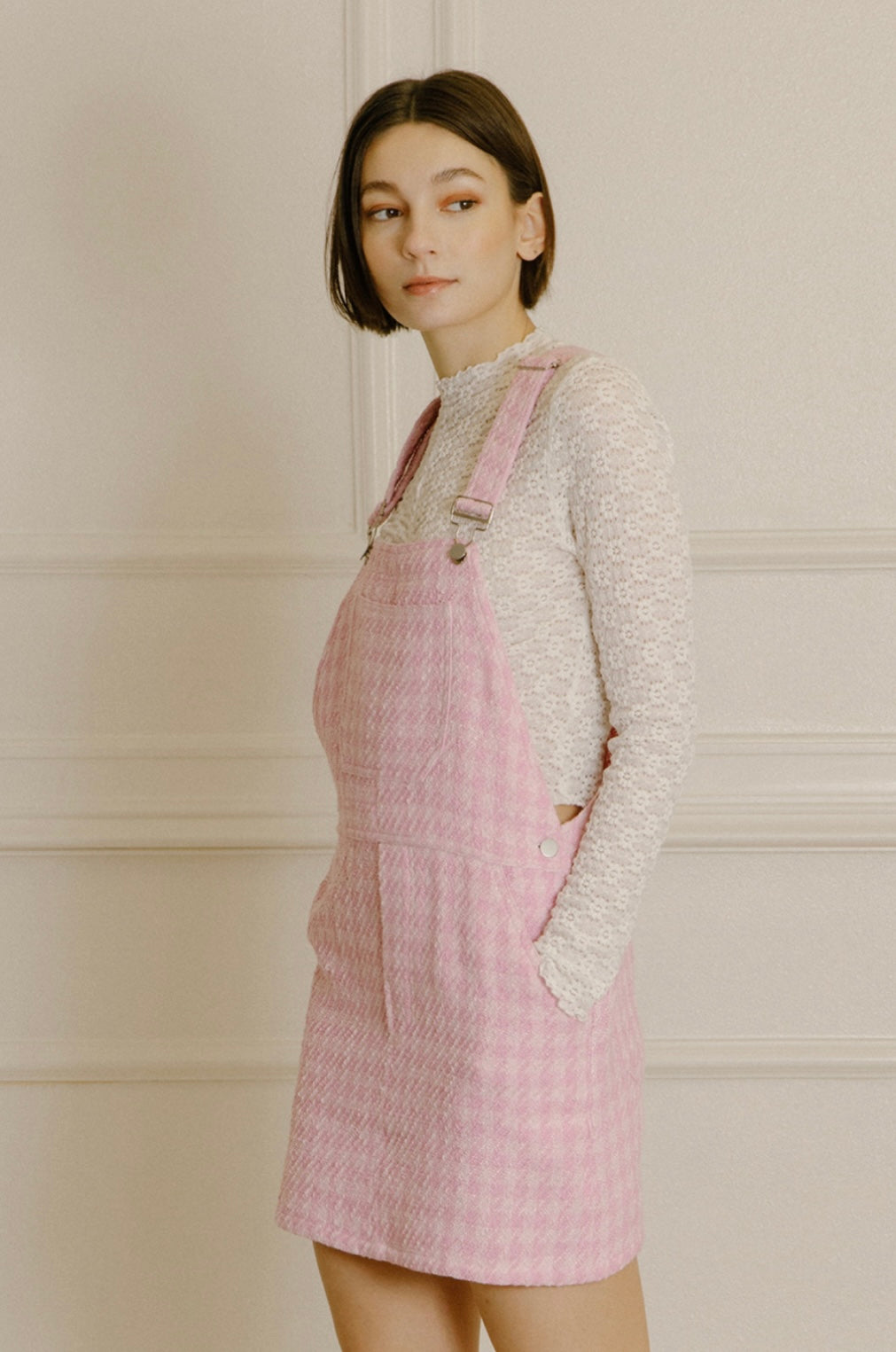 Pink Houndstooth Overalls Dress