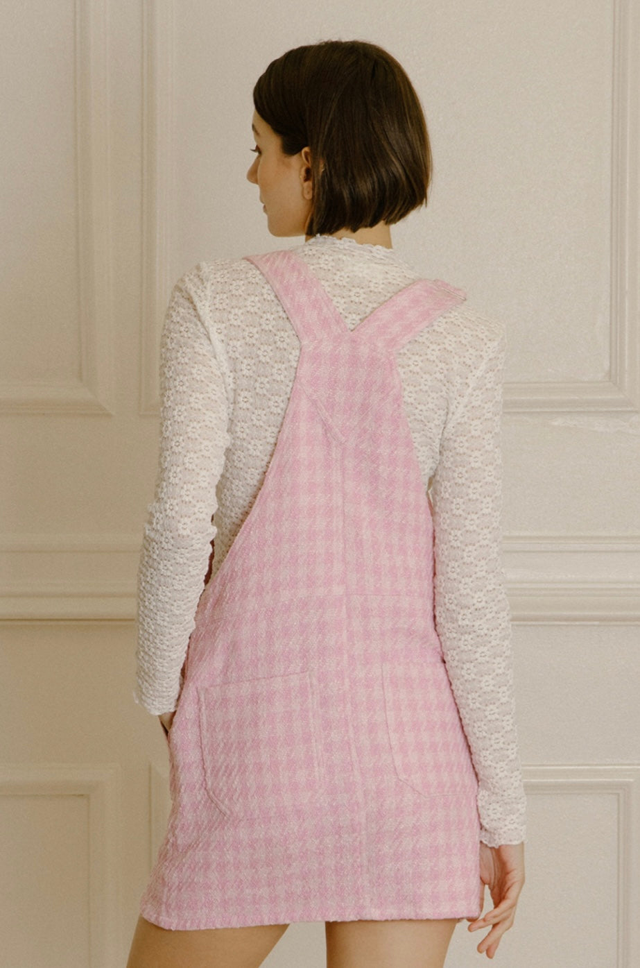 Pink Houndstooth Overalls Dress