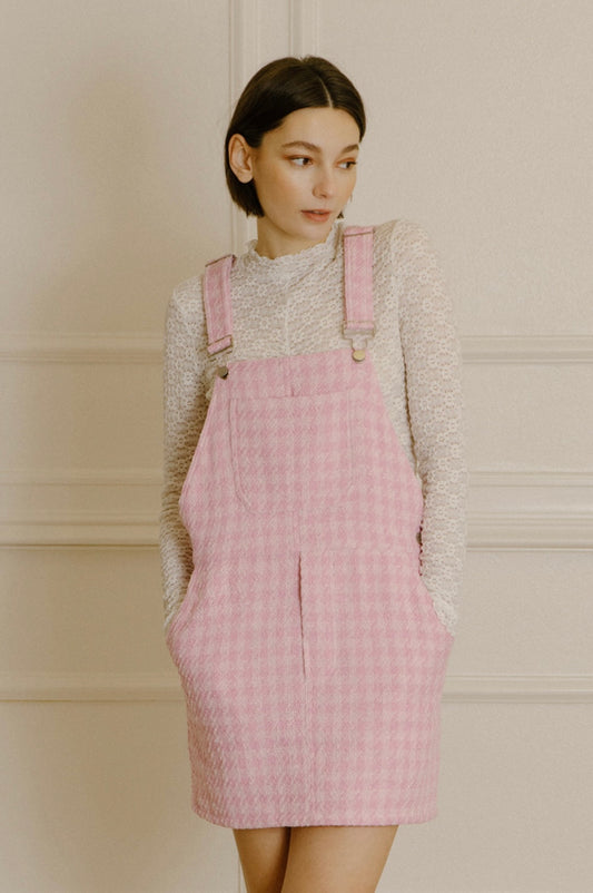 Pink Houndstooth Overalls Dress